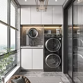 Functional Home Balcony Laundry Area With Washing Machine Dryer Cabinets And Large Window