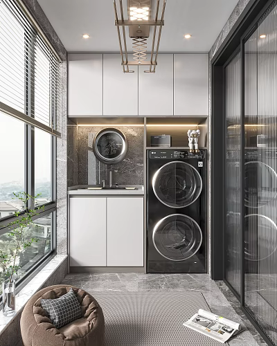 Functional Home Balcony Laundry Area With Washing Machine Dryer Cabinets And Large Window 3d model