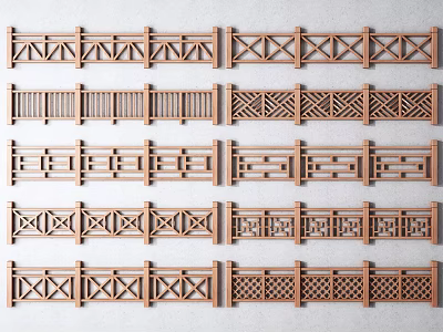 Various Wooden Fence Designs With Cross Lattice And Rail Pattern Styles 3d model