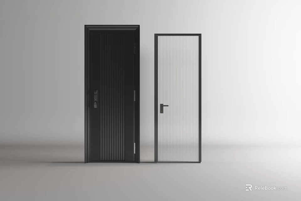 Modern Black Hinged Doors With Striped Panel And Glass Design For Interior Spaces 3d model
