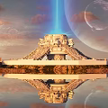 Cartoon Scene Of Futuristic Building With Blue Beam Over Water Surface And Planet