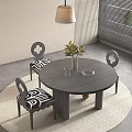 Round Black Dining Table Set With Patterned Chairs Vase Plant Lamp Artwork And Blinds 3d model