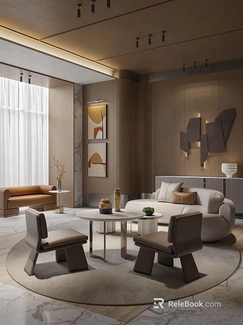 Modern Living Area Featuring Beige Sofa Brown Armchairs Round Coffee Table And Abstract Wall Art 3d model 