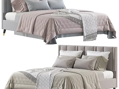 Modern Double Bed with Upholstered Headboard Soft Beige Pink Quilt Pillows and Textured Blanket 3d model