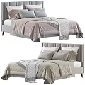 Modern Double Bed with Upholstered Headboard Soft Beige Pink Quilt Pillows and Textured Blanket