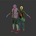 Two 3D Character Models With Different Outfits Standing Back to Back Arms Outstretched