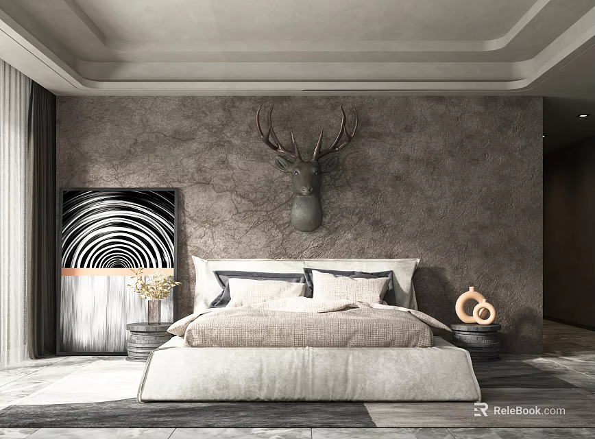 Modern Double Bed with Gray Textured Wall Deer Head Decor Spiral Painting Nightstand Lamp 3d model 