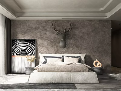 Modern Double Bed with Gray Textured Wall Deer Head Decor Spiral Painting Nightstand Lamp 3d model