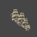Vintage Wooden Ship With Multiple Masts Golden Sails And Detailed Structure