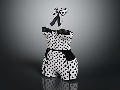 Stylish Black And White Polka Dot Dress With Suspenders Tie Detail And Black Accents 3d model