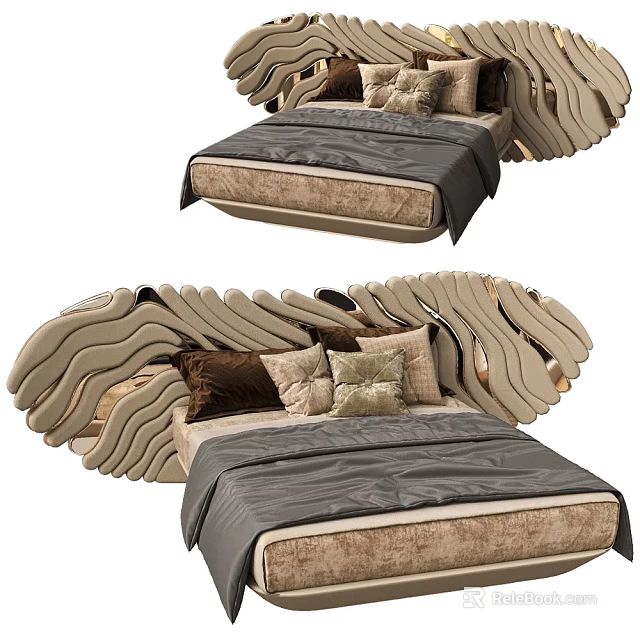 Modern Double Bed with Wavy Curved Headboard and Decorative Pillows in Neutral Tones 3d model 