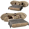 Modern Double Bed with Wavy Curved Headboard and Decorative Pillows in Neutral Tones