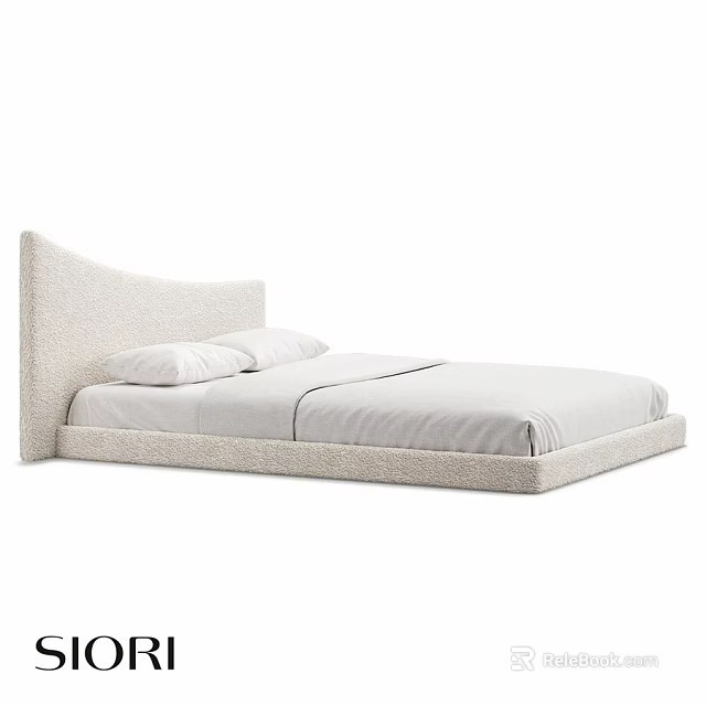 Light Colored Upholstered Double Bed With Curved Headboard And White Linens 3d model 
