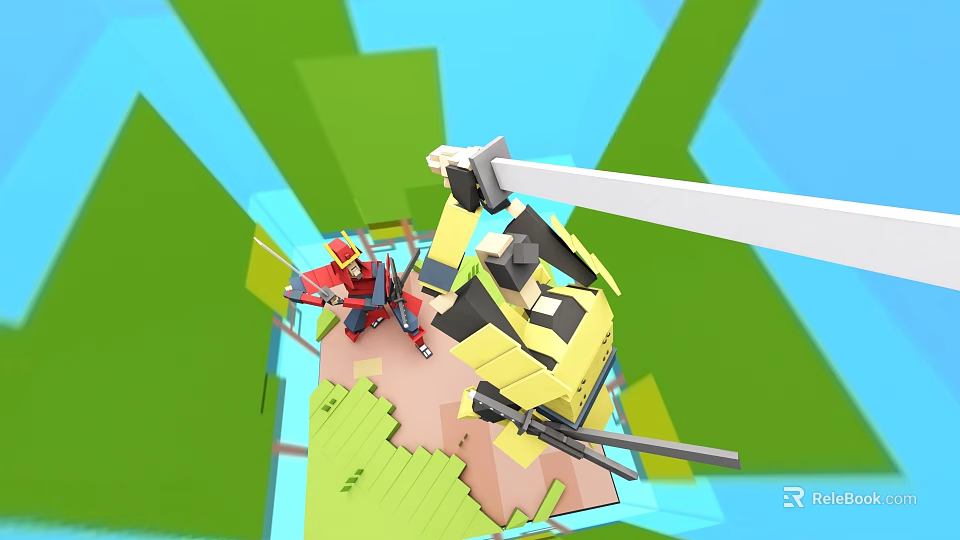 3D Game Character And Helicopter On Colorful Island With Green Terrain 3d model 