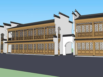 Traditional Chinese Commercial Street With White Walls Wooden Windows And Classic Eaves 3d model