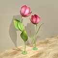Window Display Decoration With Pink Tulips Green Stems And Wooden Countertop