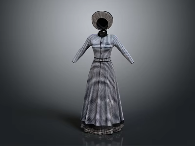Vintage Plaid Long Dress With Long Sleeves Black Belt And Decorative Wide Brimmed Hat 3d model