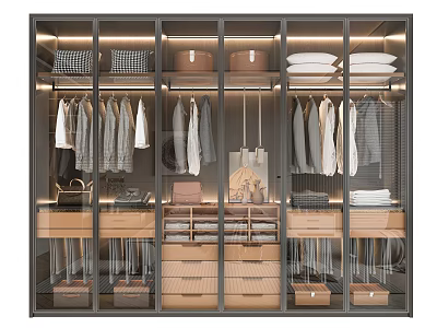 Modern Glass Door Wardrobe With Organized Hanging Clothes Drawers And Storage Boxes 3d model