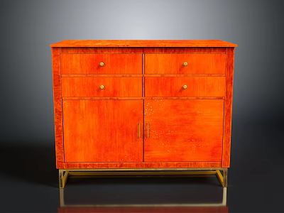 Stylish Orange Furniture Cabinet With Drawers Cabinet Doors And Gold Legs Design 3d model
