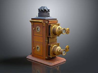 Vintage Digital Camera with Dual Lens Wooden Body and Metal Components 3d model