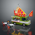 Green And White Pizza Truck With Pizza Sign And Outdoor Dining Tables Chairs