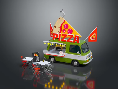 Green And White Pizza Truck With Pizza Sign And Outdoor Dining Tables Chairs 3d model