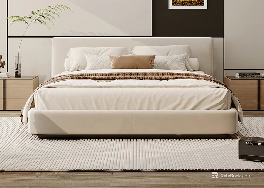 Modern Double Bed With White Headboard Pillows Green Plant Wooden Nightstands And Rug 3d model 
