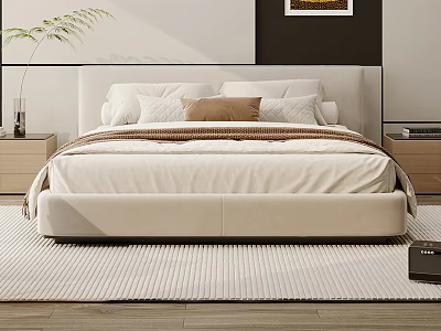 Modern Double Bed With White Headboard Pillows Green Plant Wooden Nightstands And Rug 3d model