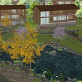 Traditional Wooden Guesthouse Buildings Surrounded By Trees Pond And Garden With Stone Pathways
