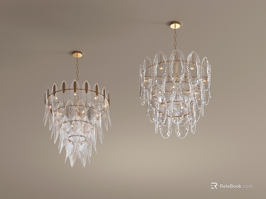 Modern Elegant Transparent Crystal Chandeliers With Golden Base Hanging On Light Colored Ceiling 3d model 