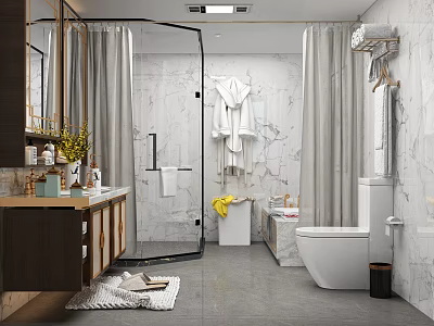 Elegant Modern Bathroom With Marble Wall Tiles Glass Shower Enclosure And Complete High Quality Fixtures 3d model