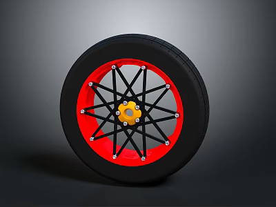 Car Wheel Auto Part With Black Tire Red Rim And Yellow Center Spokes 3d model