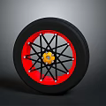 Car Wheel Auto Part With Black Tire Red Rim And Yellow Center Spokes