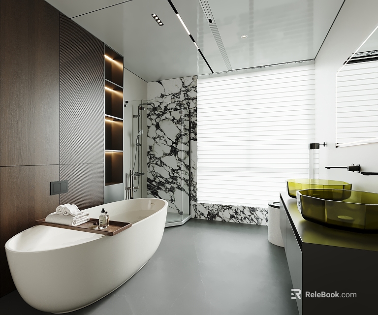 Elegant Modern Bathroom Interior Design With White Bathtub Green Washbasin Marble Wall And Wooden Cabinets 3d model 