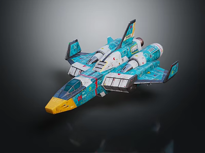 Sci Fi Aircraft Model With Turquoise White Color Scheme Yellow Nose And Detailed Wing Patterns 3d model