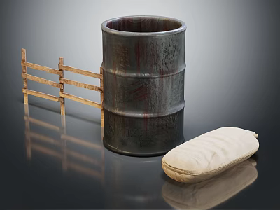 Rustic Wooden Barrel Next to Fence with Cloth Bag on Dark Surface 3d model