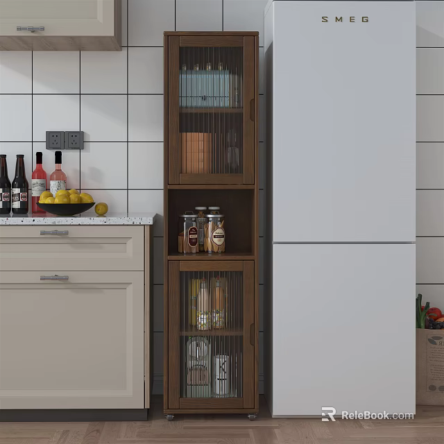 Wooden Sideboard Cabinet With Glass Doors In Modern Kitchen Storage Fruits And Wine Bottles 3d model 