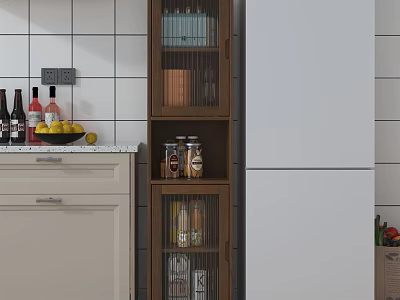 Wooden Sideboard Cabinet With Glass Doors In Modern Kitchen Storage Fruits And Wine Bottles 3d model