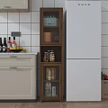 Wooden Sideboard Cabinet With Glass Doors In Modern Kitchen Storage Fruits And Wine Bottles