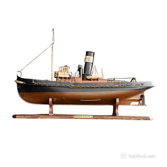 Vintage Wooden Boat Model With Black Brown Hull Chimney And Display Stand 3d model 