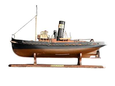 Vintage Wooden Boat Model With Black Brown Hull Chimney And Display Stand 3d model
