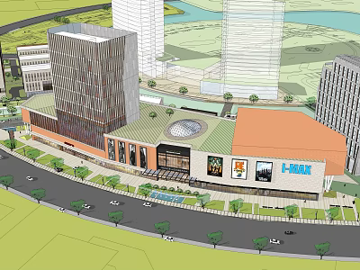 Modern Commercial Complex Featuring High Rise Buildings Retail Mall Plaza and Green Landscape 3d model