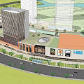 Modern Commercial Complex Featuring High Rise Buildings Retail Mall Plaza and Green Landscape