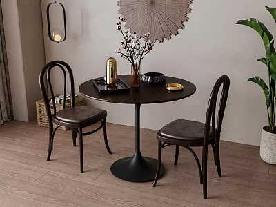 Modern Round Dining Table And Curved Back Chairs Set With Decorative Items On Wooden Floor 3d model