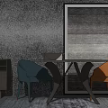 Modern Dining Table Set With Teal And Orange Chairs Side Cabinet And Wall Art