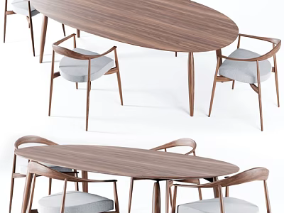 Modern Wooden Oval Table And Upholstered Chair Set For Home Furniture Design 3d model