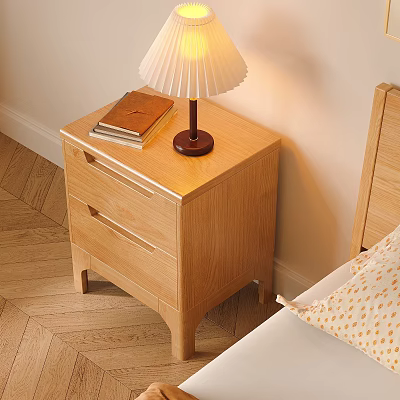 Light Wood Bedside Table With Two Drawers Table Lamp And Books In Bedroom 3d model