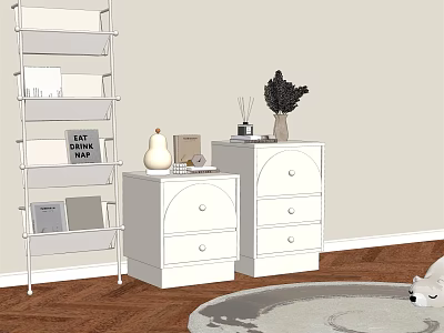 Two White Nightstands With Drawers And Decorative Books Pear Diffuser Plant On Wooden Floor 3d model