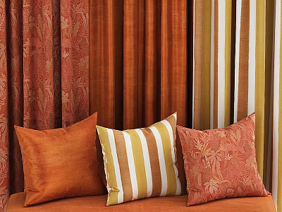 Colorful Curtains and Decorative Pillows with Striped and Floral Patterns on Sofa 3d model