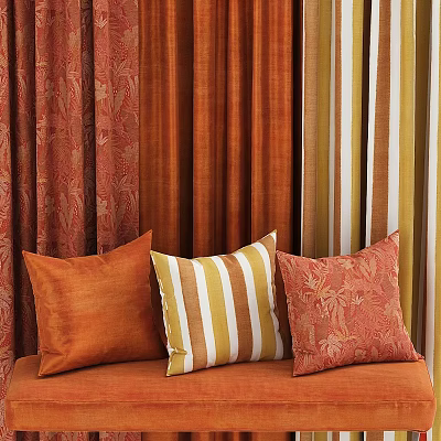 Colorful Curtains and Decorative Pillows with Striped and Floral Patterns on Sofa 3d model